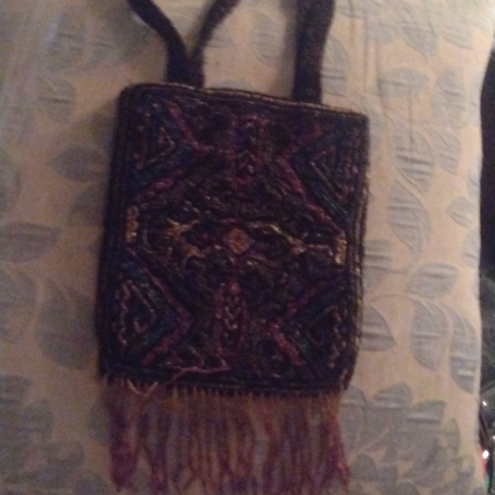 Vintage Paisley Print bead hand bag $35